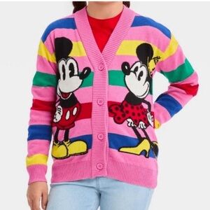 Disney 100 Girl’s Mickey Minnie Mouse Cardigan Sweater Pink Stripes Size Large